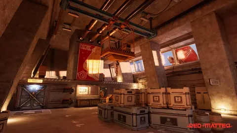 An industrial storage bay beneath Volgravian banners