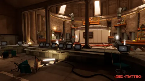 A laboratory control room filled with retro-futurist machinery