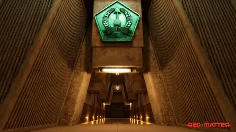 A narrow corridor marked with the Volgravian emblem