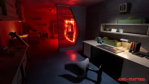 A red anomaly emerging inside a Volgravian office