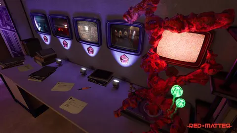 Red matter spreading across a bank of monitors