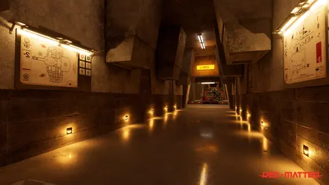 An illuminated underground corridor carved into rock