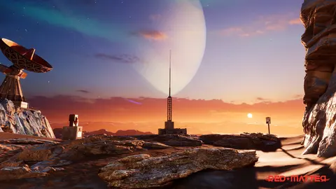 A Volgravian installation beneath Saturn at sunset